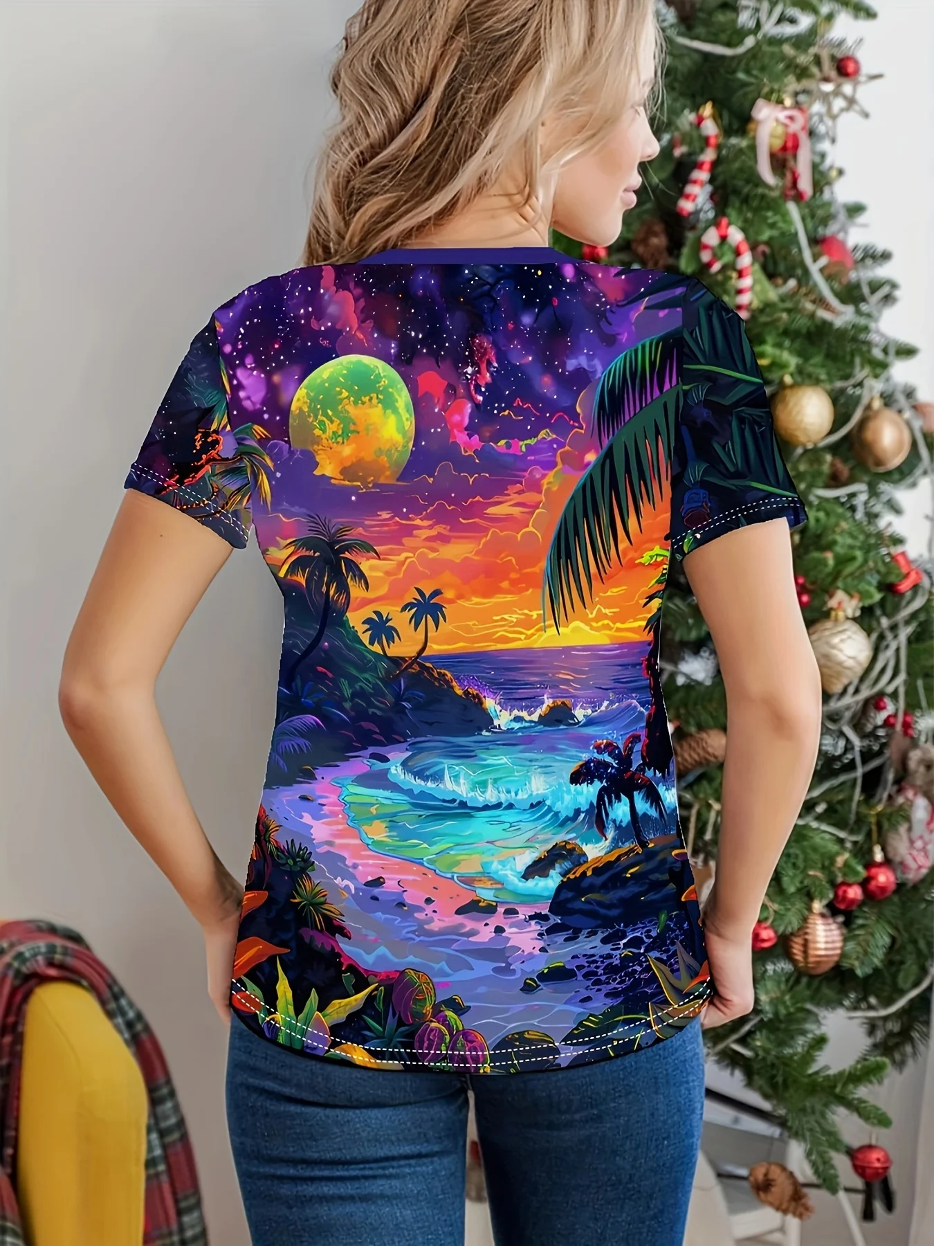 Neon Tropical Women's Tee - Cosmic Beach Sunset Graphic, Vibrant Psychedelic Print Design for Casual Daily Wear