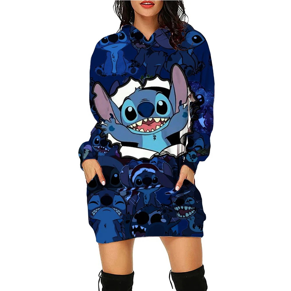 Kawaii Disney Stitch Women\'s Hoodies Dress Ladies Fashion Leisure S-3XL Youthful Woman Clothes Lovely Black Hoodie Winter Y2k