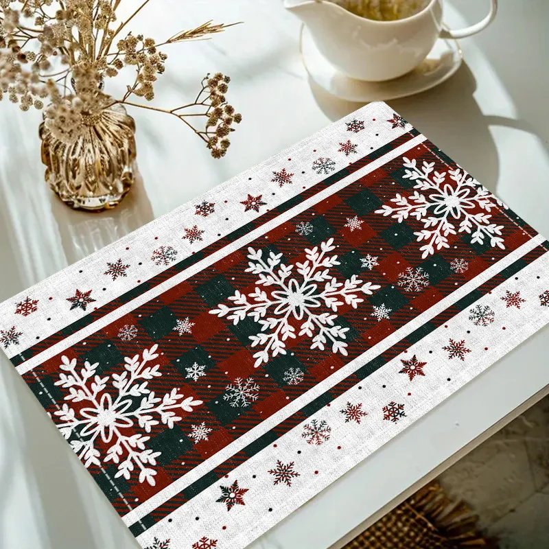 Red Christmas Placemat Snowflake Checkered Print for Home Tableware Decoration Non-slip Heat-insulating Table Mat