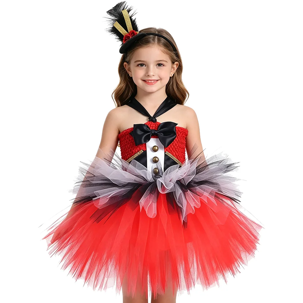 

3 Layers Circus Ringmaster Costumes Girls Halloween Lined Tutu Dress for Kids Beastmaster Disguise Outfit with Feather Hairbow