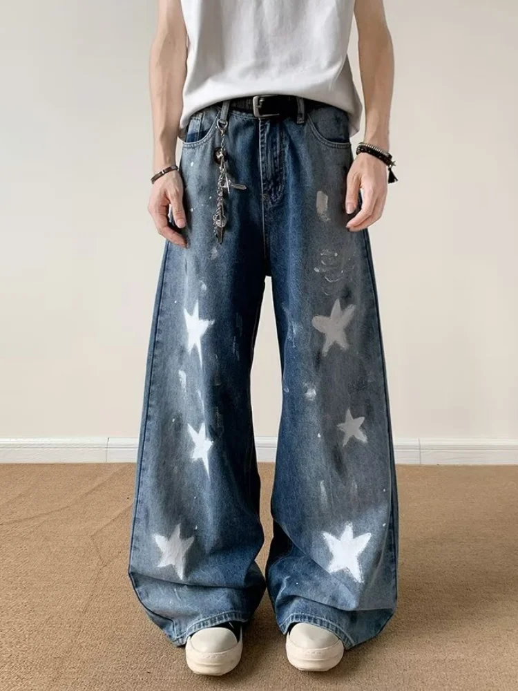 2025 Ropa Y2K Streetwear Star Printed Washed Blue Baggy Jeans Pants For Men Clothing Wide Leg Vintage Denim Trousers Moda Hombre