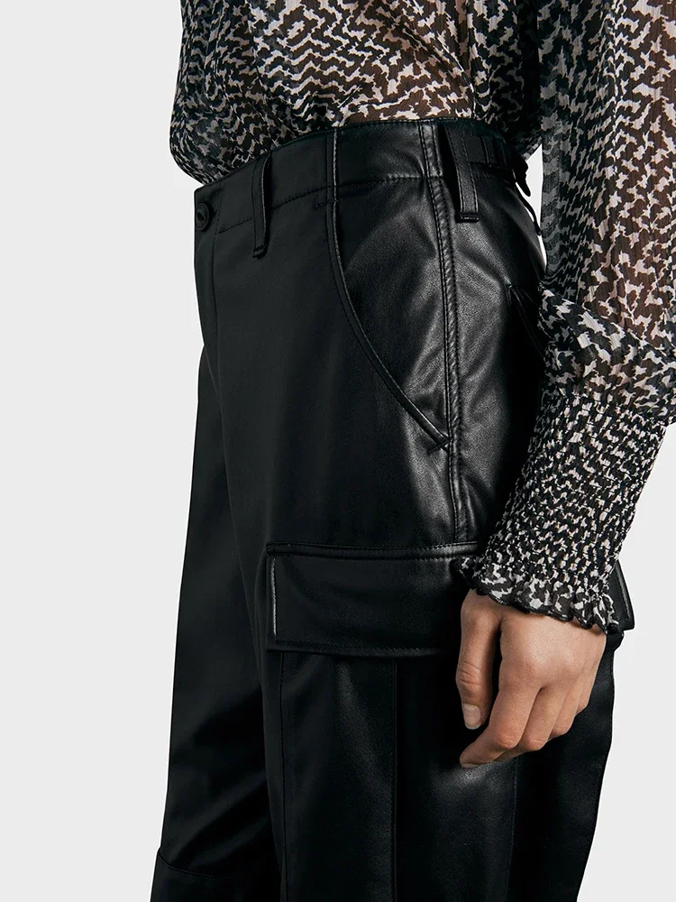 Lady Stretch PU Multi-Pockets Loose Straight Trousers Women Black Matte Faux Leather Cargo Pants Casual Entertainment New Custom