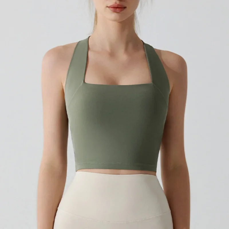 

PofyBofy Womens Square Neck Longline Sports Bra Workout Crop Tank Tops Padded Yoga Camisole U Back Sports Bra Scoop Neck