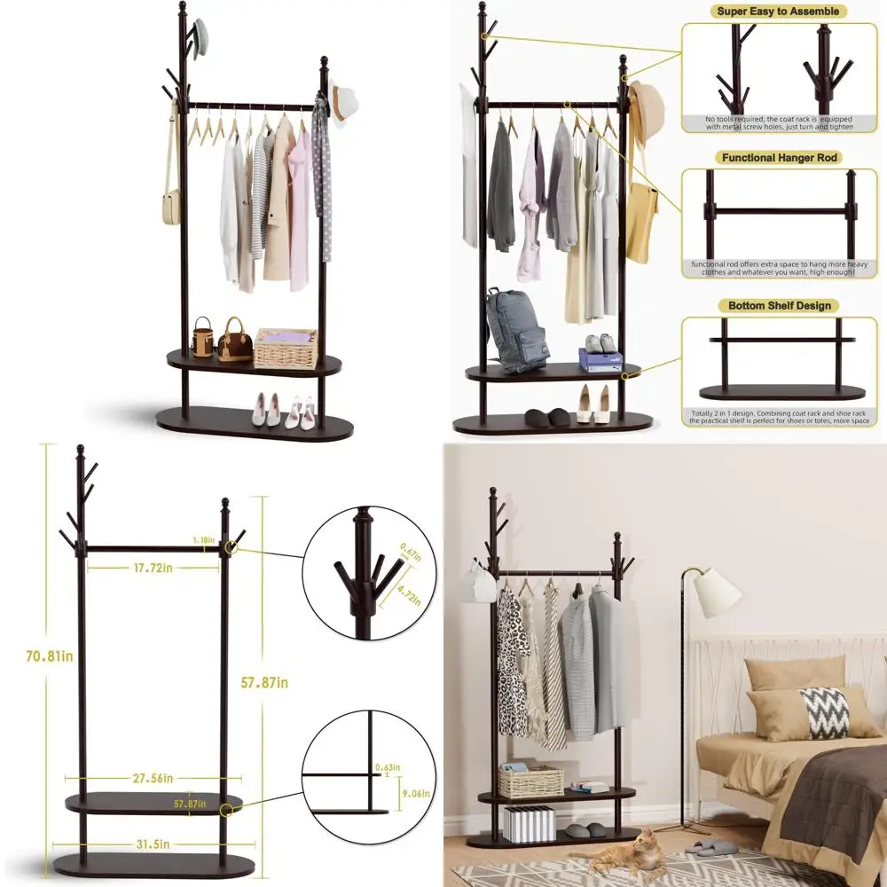 

Деревянная отдельно стоящая вешалка для одежды с 8 крючками и местом для хранения обуви — компактное прочное дерево в деревенском стиле для легкой сборки