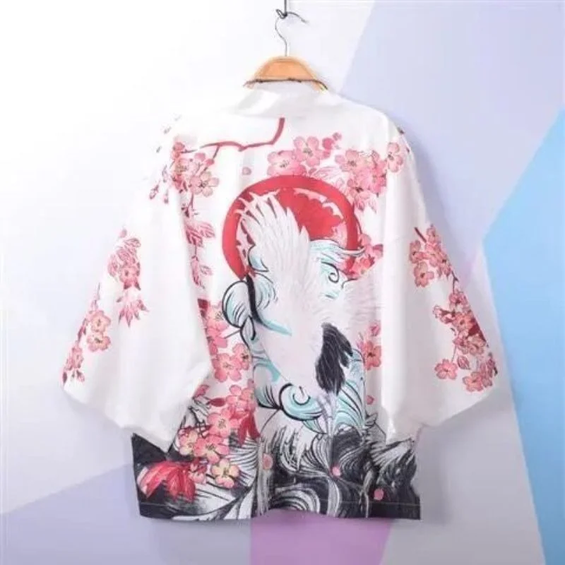 

Japanese Style Crane Beauty Printed Floral V-Neck Kimono Coat Shirts Haruku Sunscreen Cardigan Jacket Satin Blouse Tops Blusas