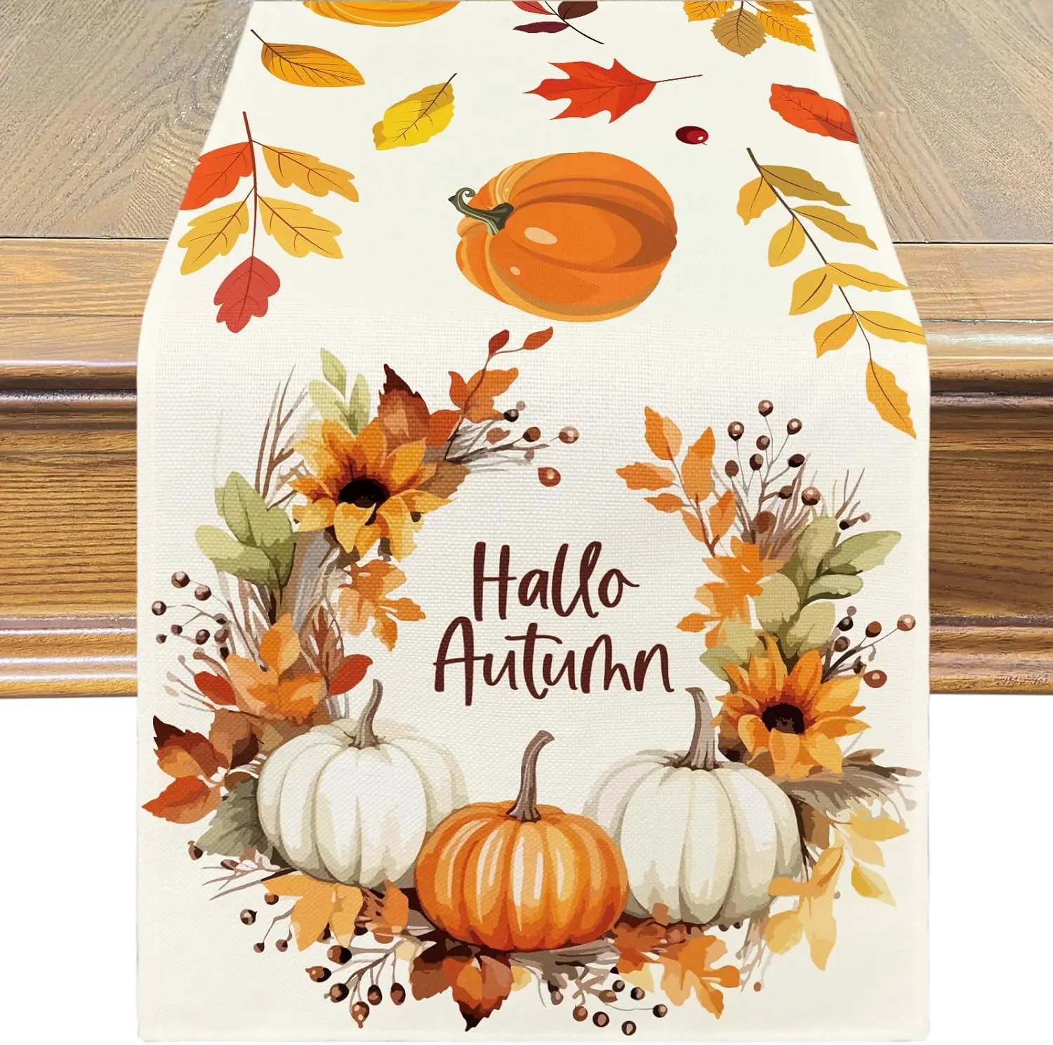 Autumn Pumpkins Maple Leaf Sunflower Wreath Linen Table Runner Holiday Wedding Party Dining Table Decor Thanksgiving Decorations