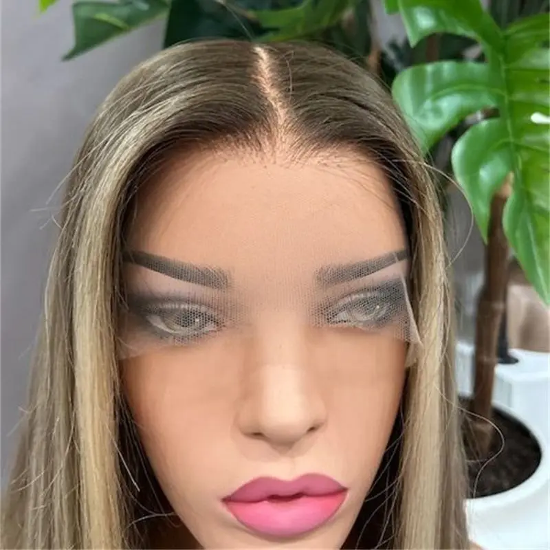 Ombre Brown Blonde Balayage Highlights Synthetic HD Lace Front Wig for Women Heat Resistant Wig Gluless Wig Long Straight Wig