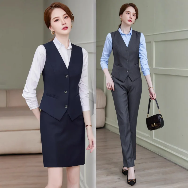 

High-End Women's Spring Autumn Winter Elegant Blazer Vest Shirt Formal Hotel Front Desk Reception Professional Suit Workwear
