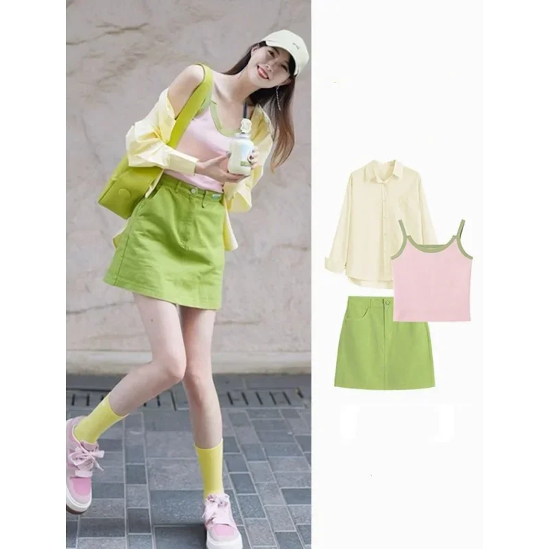 2025 Spring Summer New Women's Sweet Pink Sling Shirts Mini Skirts 1 or 3 Piece Set Lady Fashion Blouse Vest Skirt Outfits