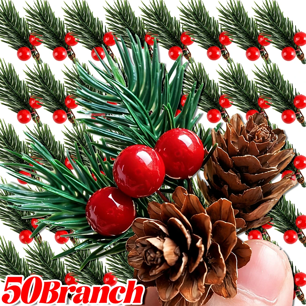 5/50 قطعة عيد الميلاد التوت ينبع دائم الخضرة الثلوج توافدوا فرع الصنوبر الاصطناعي التوت ديكور الصنوبر مخروط شجرة عيد الميلاد فروع الإبر #1
