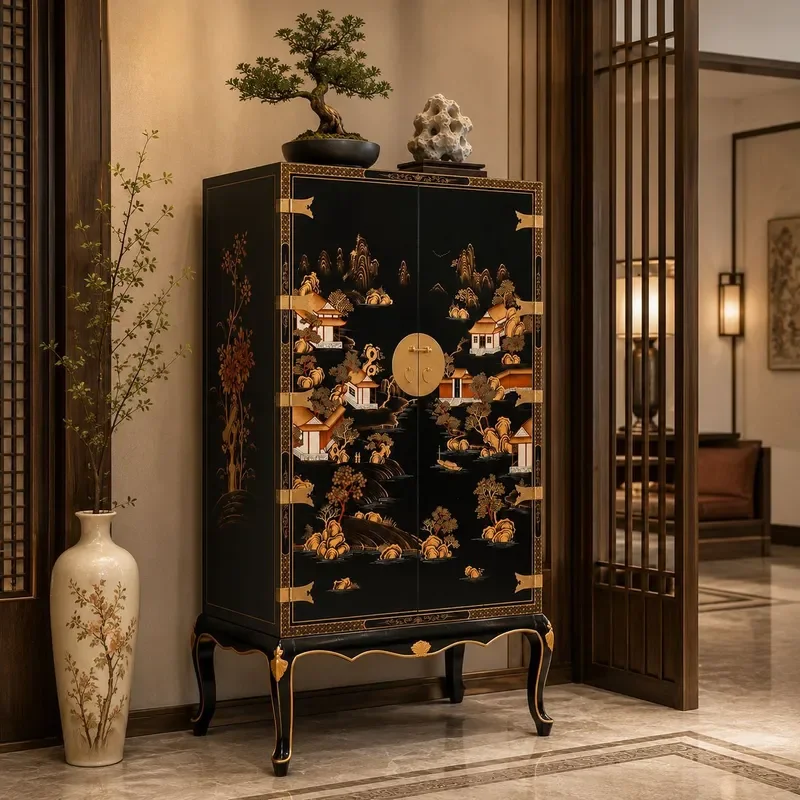 New Chinese Retro Hand Painted Gold Lacquer Tall Cabinet Side Cabinet Locker Decorative Cabinet Wardrobe