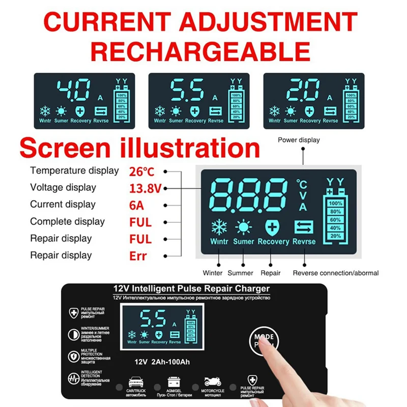 

BNVN-Automatic Car Battery Charger 12V 6A Pulse Repair Fast Power Charging Wet Lead Acid Charger Digital LCD Display
