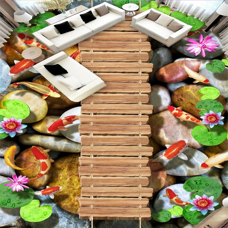 beibehang bridge lotus carp stone Modern Bathroom Kitchen Custom floor mural wallpaper non-slip waterproof self-adhesive 3d PVC