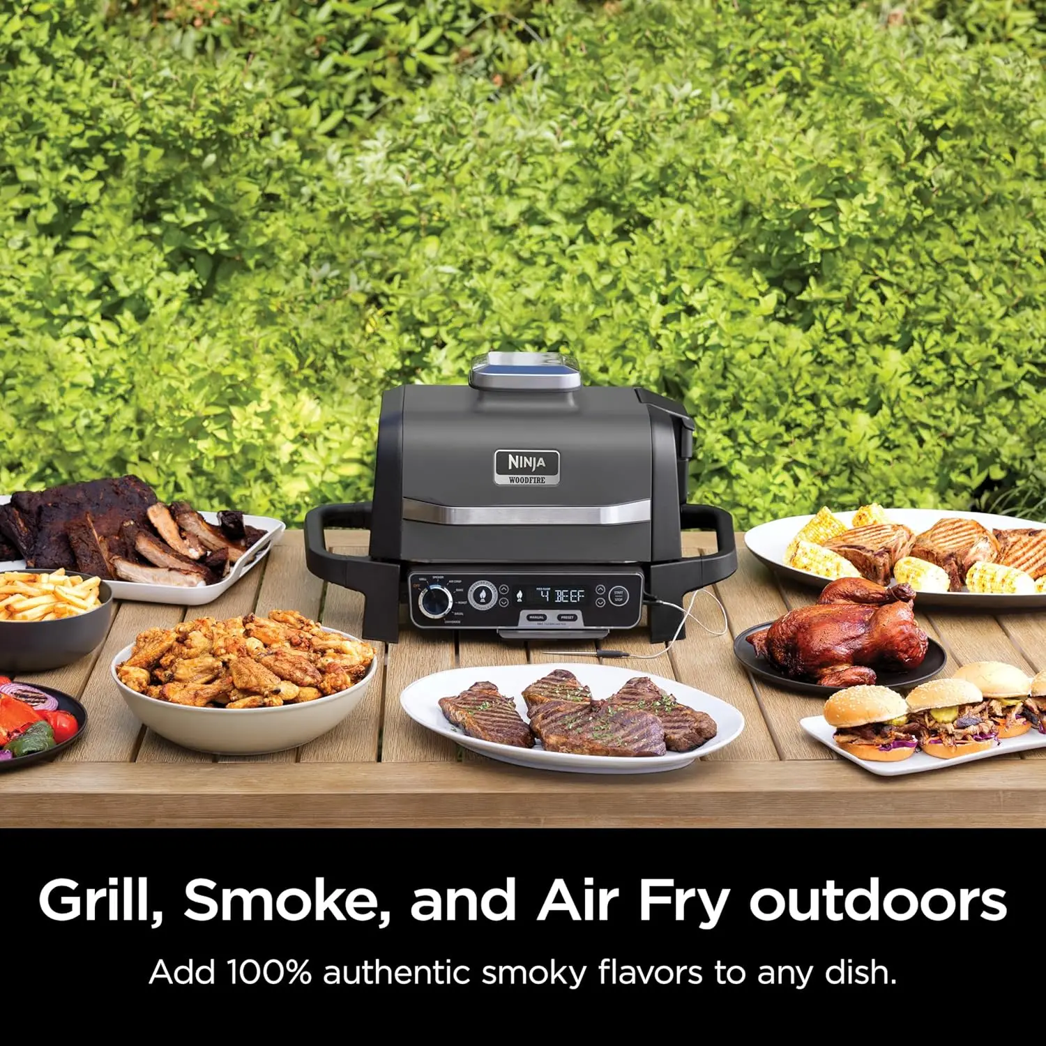 7-in-1 Grill & Smoker with Thermometer, Air Fryer, BBQ, Bake, Roast, Broil - Portable Electric Outdoor Grill, Grey