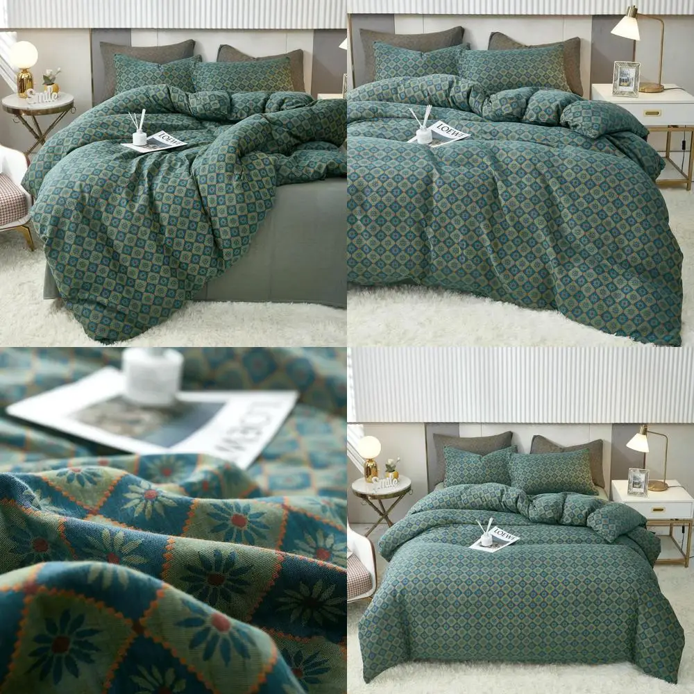 

Linen Cotton Blend Duvet Cover Set Queen Size, 3-Piece Yarn-Dyed Green Flower Geometric Bedding, Ultra Soft and Comfortable Slee