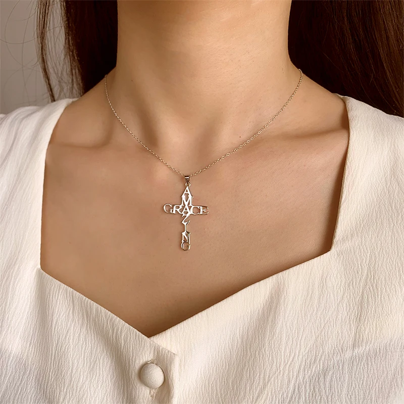 Fashionable and Simple Genuine S925 Silver English Letter Cross Necklace Classic Versatile Clavicle Chain