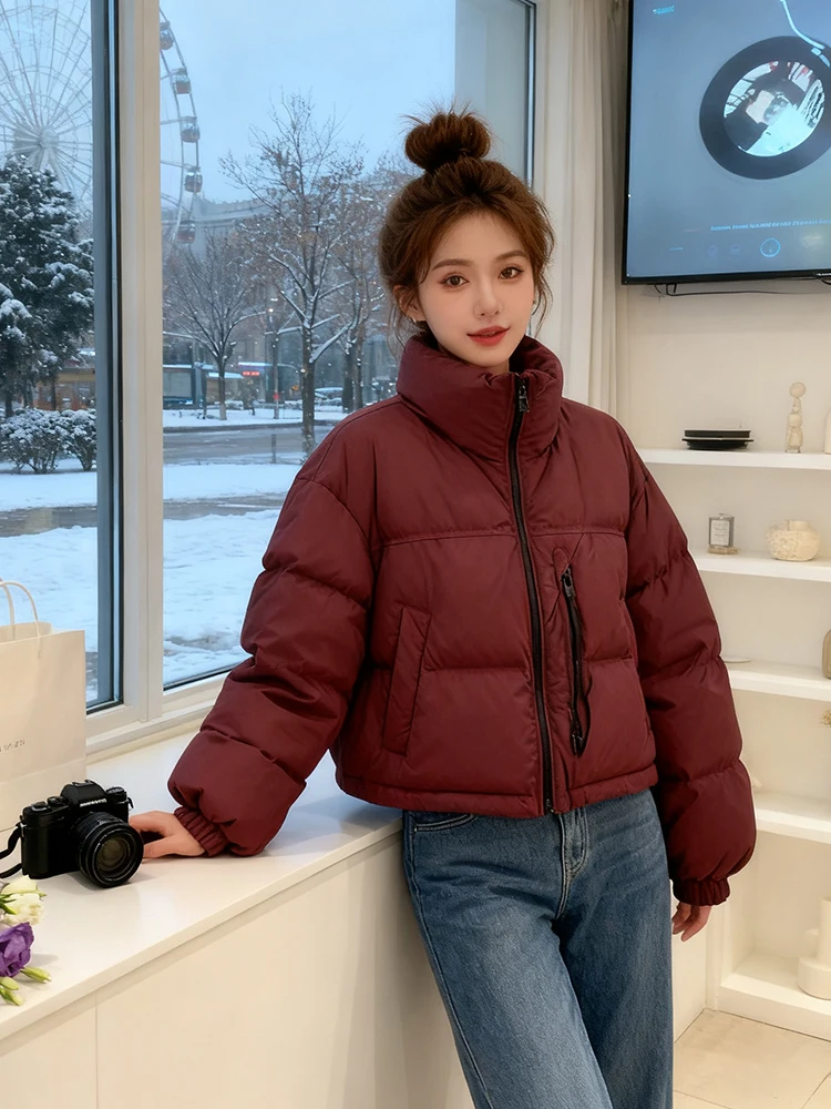 

Женская хлопковая куртка American Sle ort с красным пухом, новинка 2025 года, теплая свободная хлопковая одежда с воротником-стойкой, хлебная одежда