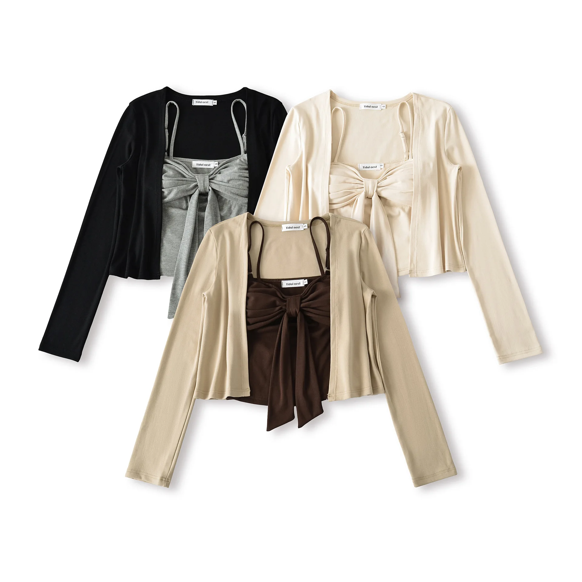 2025 Early Autumn New Sexy Pure Desire Style Bowknot Padded Vest + Long Sleeve Shawl Cardigan Jacket T-Shirt 0U0J