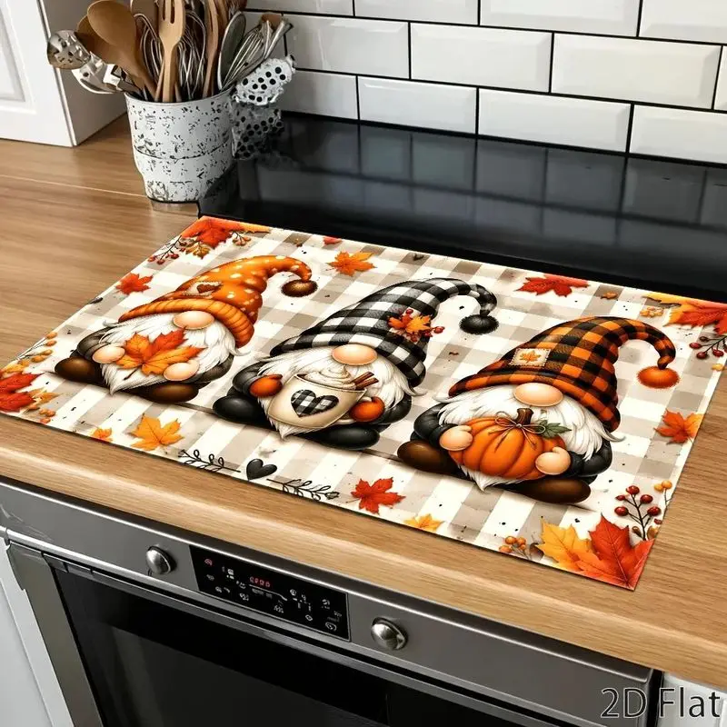 VIKAMA Fall Gnome Stove Top Cover Mat Plaid Pumpkin Maple Leaf Stove Burner Cover Non Slip Kitchen Decor Thanksgiving Protector