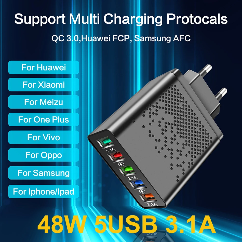 QC3.0 3.1A USB Charger 5 Port Fast Charging 48W Phone Charger Adapter For Samsung Huawei P30 P50 iPhone Xiaomi Type C Charger