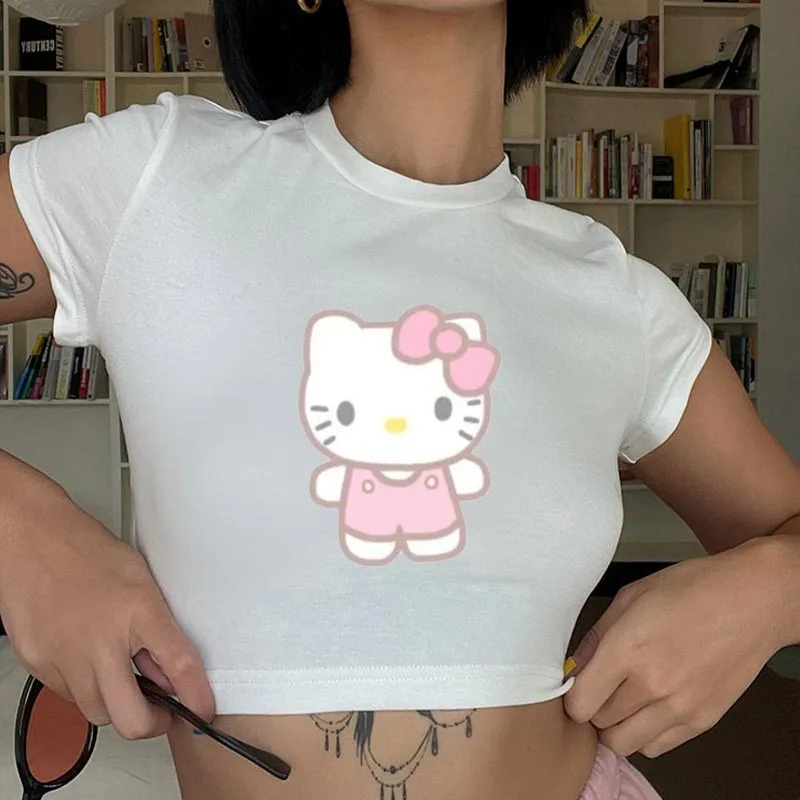 

Women's Clothing Short Sleeved T-shirt Slim Fit Top Women's Clothes White Hello Kitty Printed Crop Top T-shirt Women Street Wear