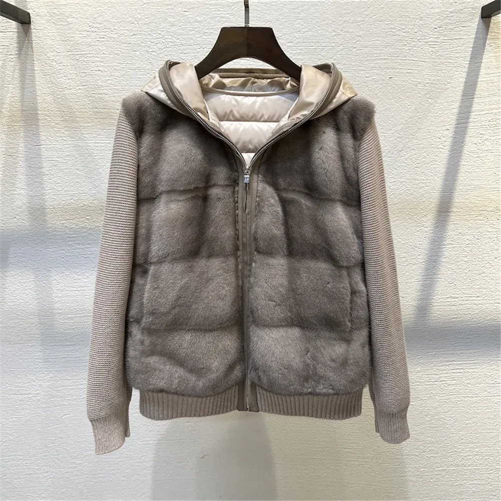 Women's Luxury Mink Wool Cashmere Coat  Hooded Fur Patchwork White Goose Down Fur Short Coat