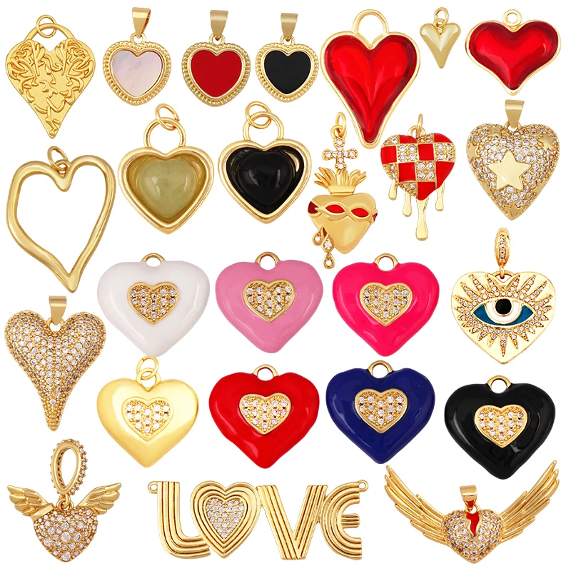 Enamel Colourful Love Heart , with Zirconia , 18K Real Gold Plated Jewelry Pendant for Necklace Hand Craft Making S66