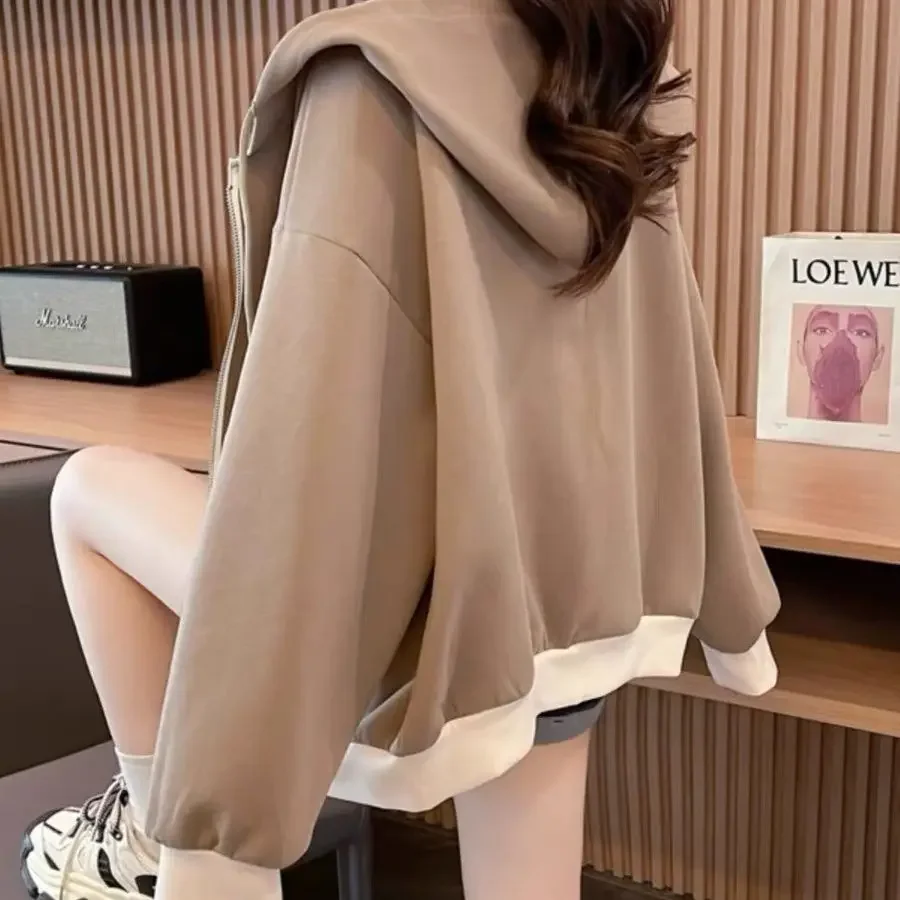 Europese Stijl Nieuwe Effen Kleur Capuchon Retro Kleur Blokkerende Hoodie Vrouwen In Lente En Herfst Rits Casual Korte Jas Top