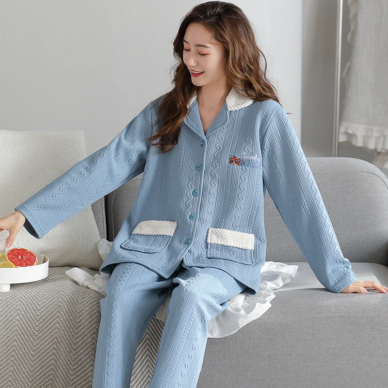 Cartoon Pajamas Women Autumn Winter Thick Cotton Long-Sleeved Home Wear Three Layers Sandwich Air Cotton Quilted Pyjamas Female