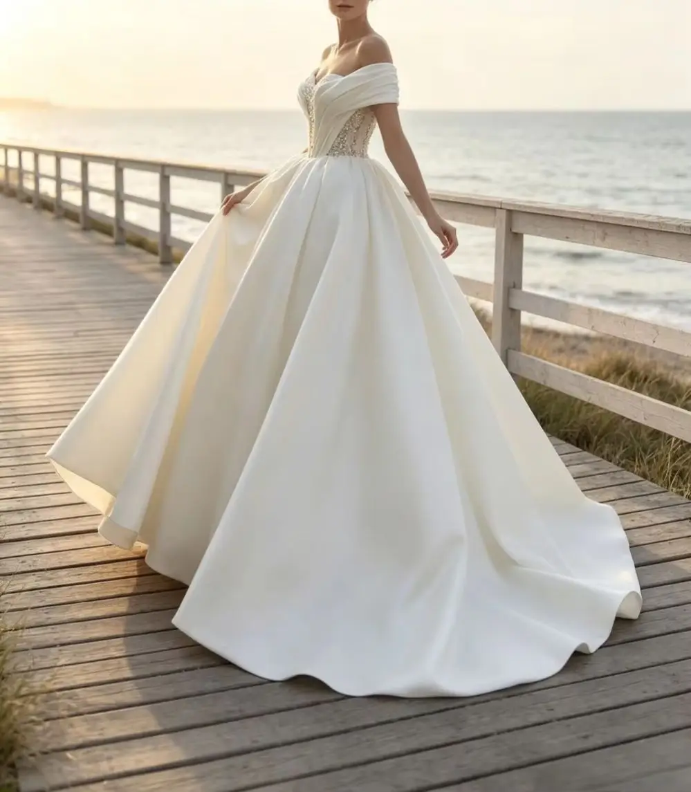 Customized Off Shoulder Satin Wedding Dress for 2026 Lace Corset and Fluffy Sleeves An Elegant Bridal Gown Suitable for Parties