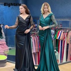 Eightale Rhinestones Prom Dresses Satin Mermaid Evening Gown for Wedding V-Neck Long Sleeves Arabic Celebrity Party Dress