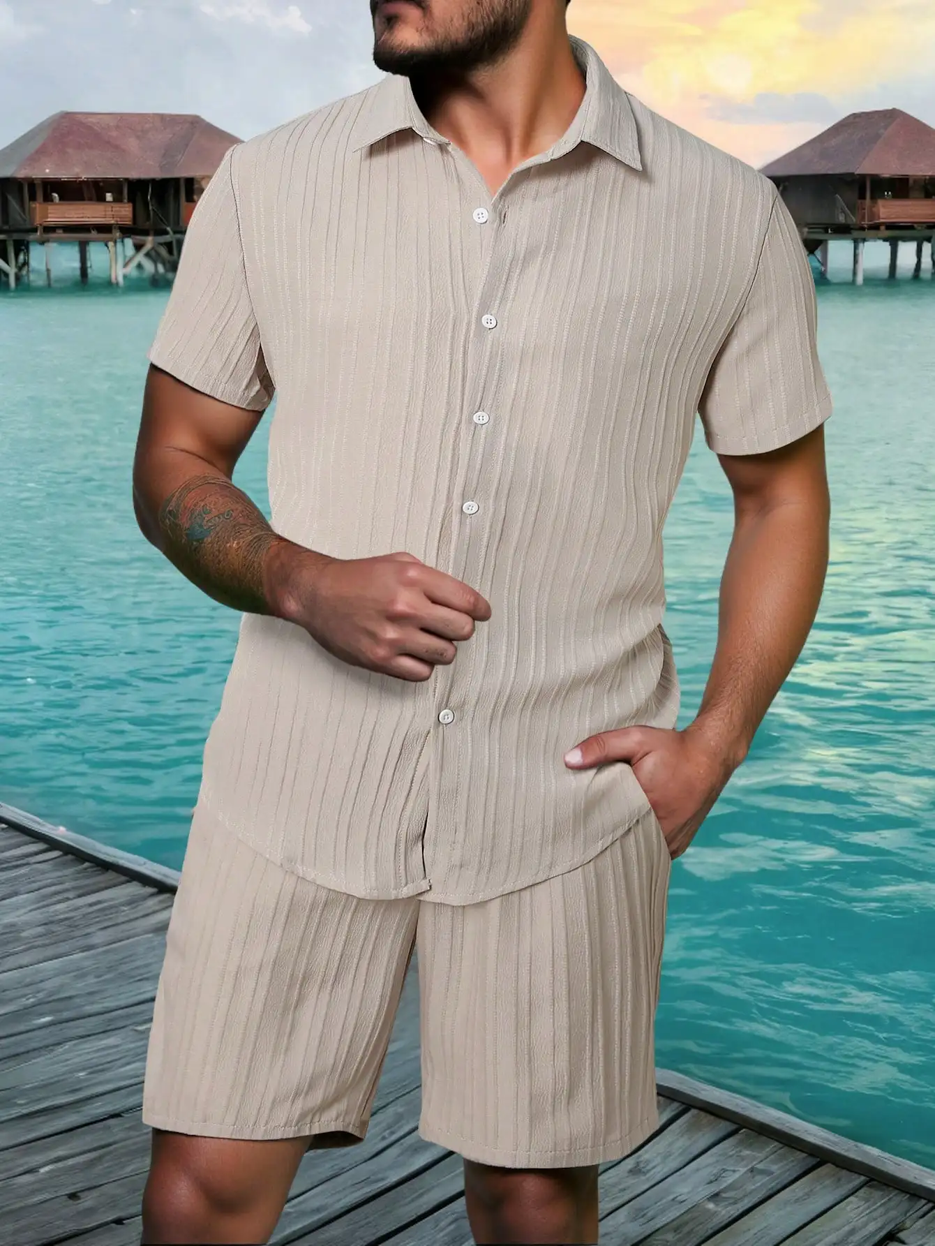 Mens Lightweight Short Sleeve Shirt And Matching Shorts Set For Summer Vacation - Image 5