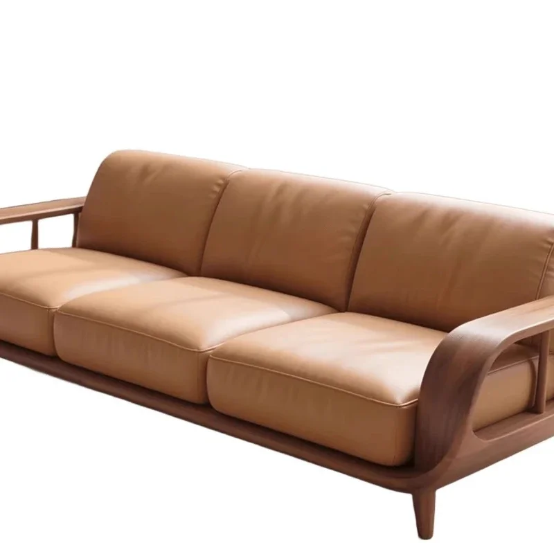

Black walnut sofa straight row modern simple high-end living room solid wood leather sofa furniture