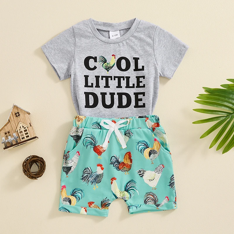 Little Boys Summer Farm Outfits Short Sleeve Letter Print Tops and Chicken Tractor Print Shorts Sets image 4