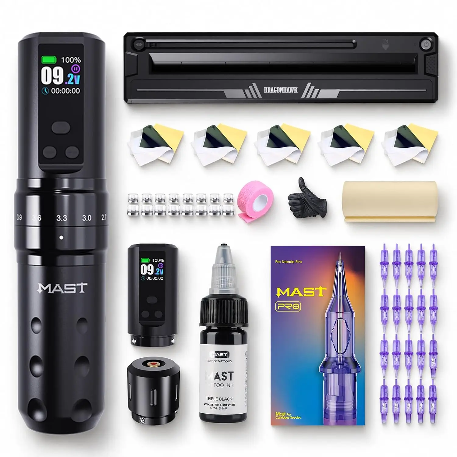 Mast Tattoo Kit Fold2 Pro 7 Strokes Wireless Rotary Pen 2 Pcs 2000mAh Batteries with Tattoo Stencil Printers for Body Artist