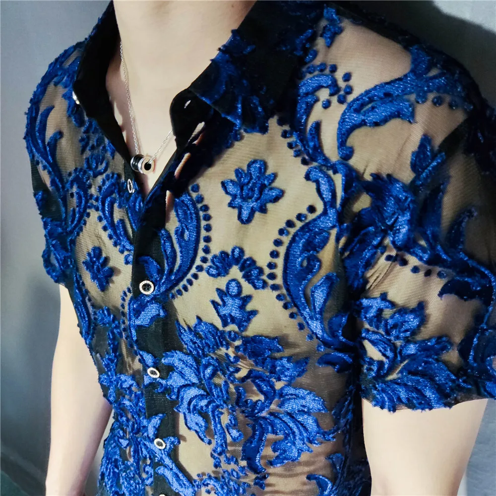 2022 Transparent Blue Floral Shirt Masculine Soft Velvet Slim-fit Men\'s Clothing Nightclub Short-sleeved Sexy Shirt See Through