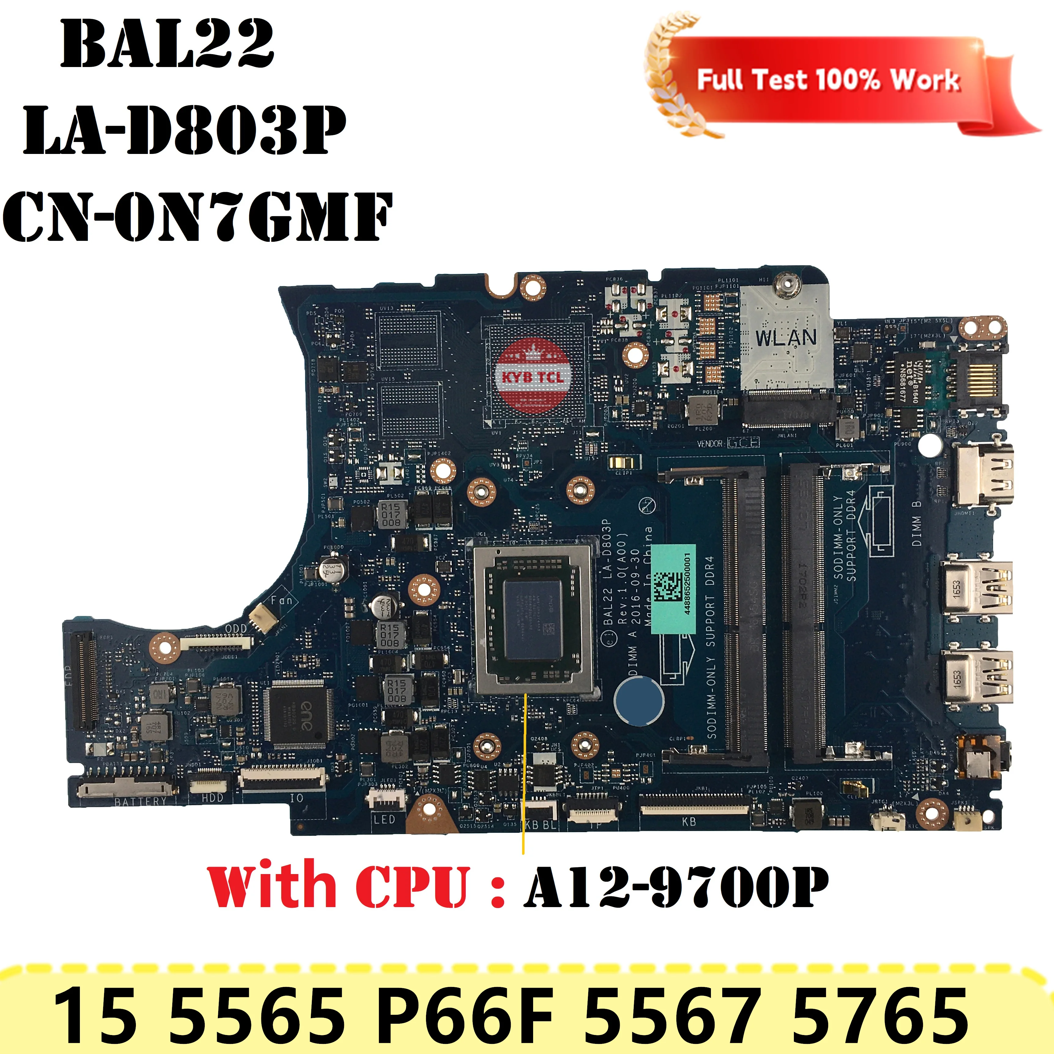 Imagem -05 - Placa-mãe para Dell Inspiron 15 5565 P66f 5567 5765 Laptop Placa-mãe Cn0m3rn1 M3rn1 Cn-0n7gmf La-d803p 0091hd 0n7gmf