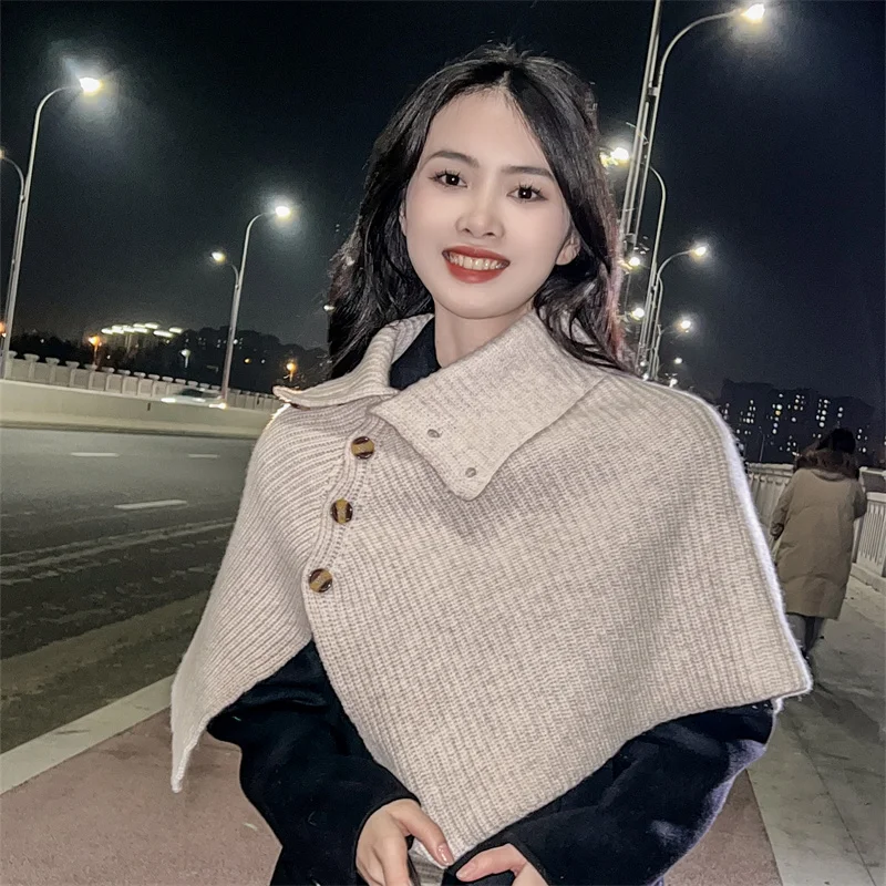 2024 Women 100% Wool Short Poncho Turtleneck Shawl Wraps Thick Ribs Knitted Accessories Cape Soft Wool Scarf Neck Warmer Cappa