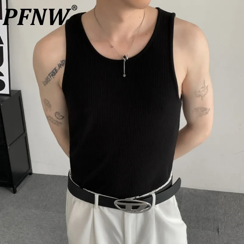 

PFNW Minimalist Men's Tank Tops Round Collar Solid Color Slim Sleeveless Casual Male Vest New Trendy Summer Simple 2024 12C888