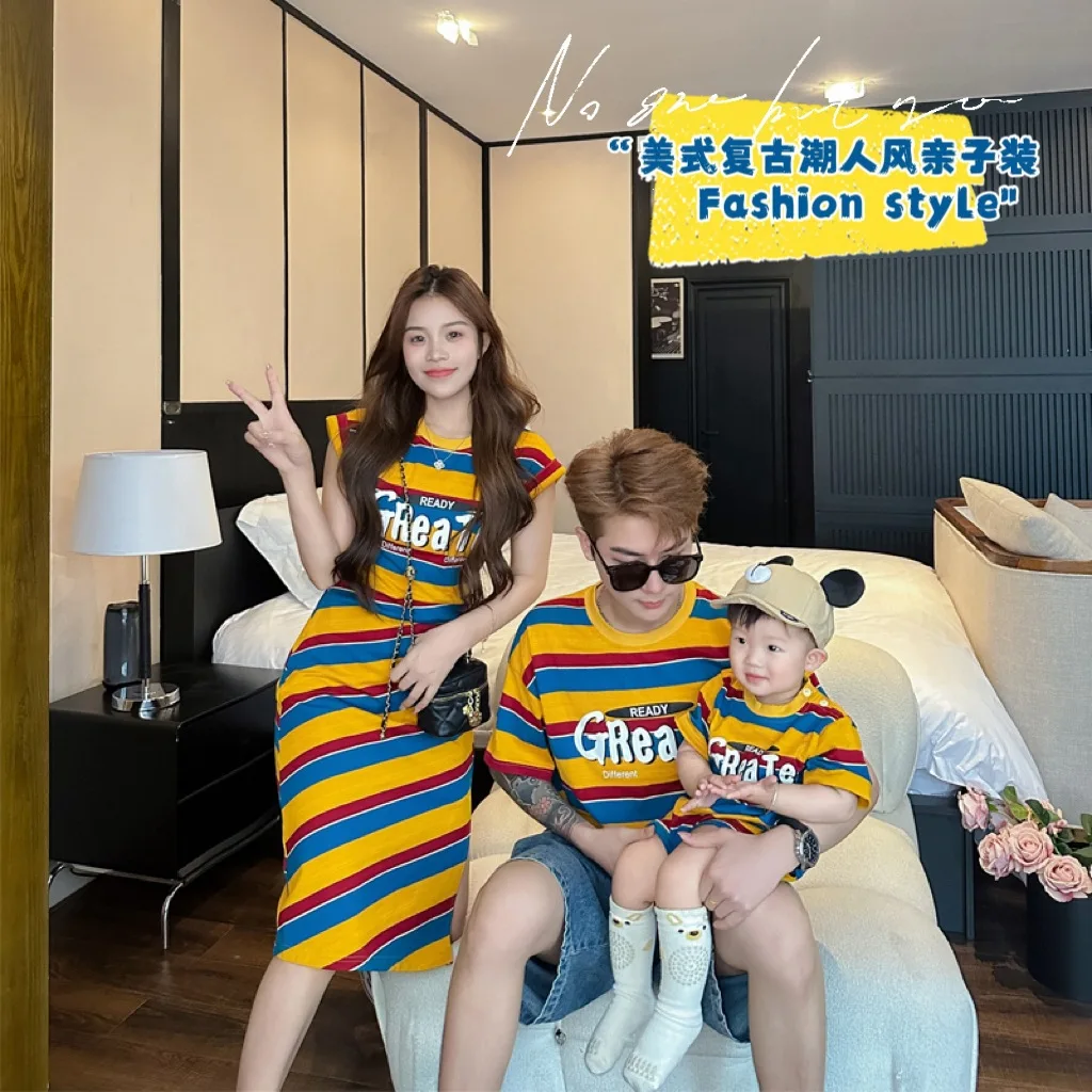 

2026 Summer Mommy and Me Striped Matching T Shirts Family Outfit Casual Dress & Tee Set for Mom Dad Kids Baby Rompers