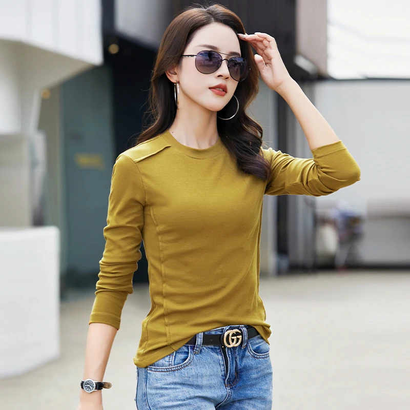 Korean Autumn Long Sleeve T Shirt Women Korean Style New Arrival Fashion Plus Size Basic Stretch T shirts For Women 2023