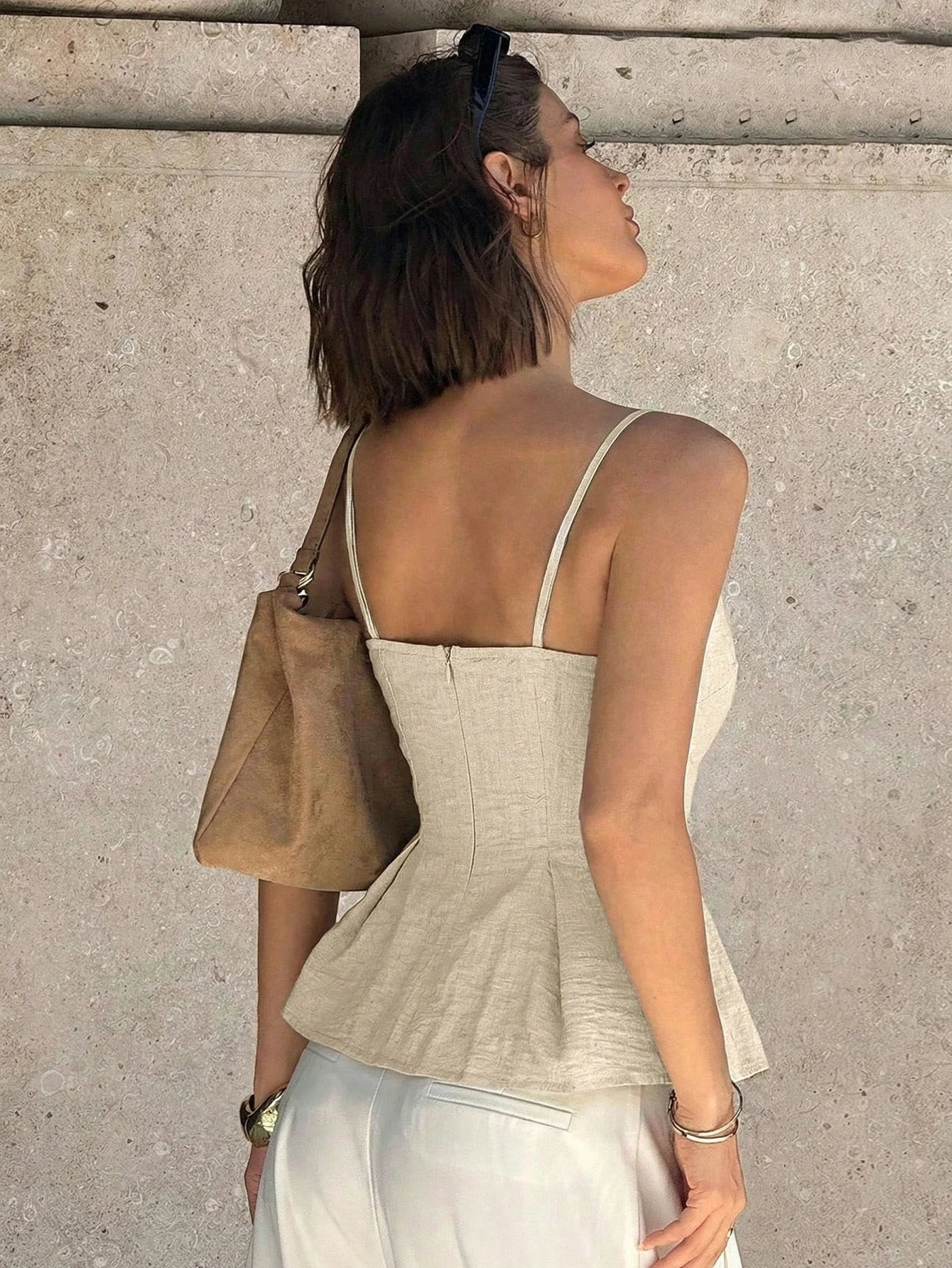 Women's Elegant Lace Trim Backless Slim Fit Ruched Hem A-line Cami Top Commute Daily Wear Solid Color Bandeau Top Summer New