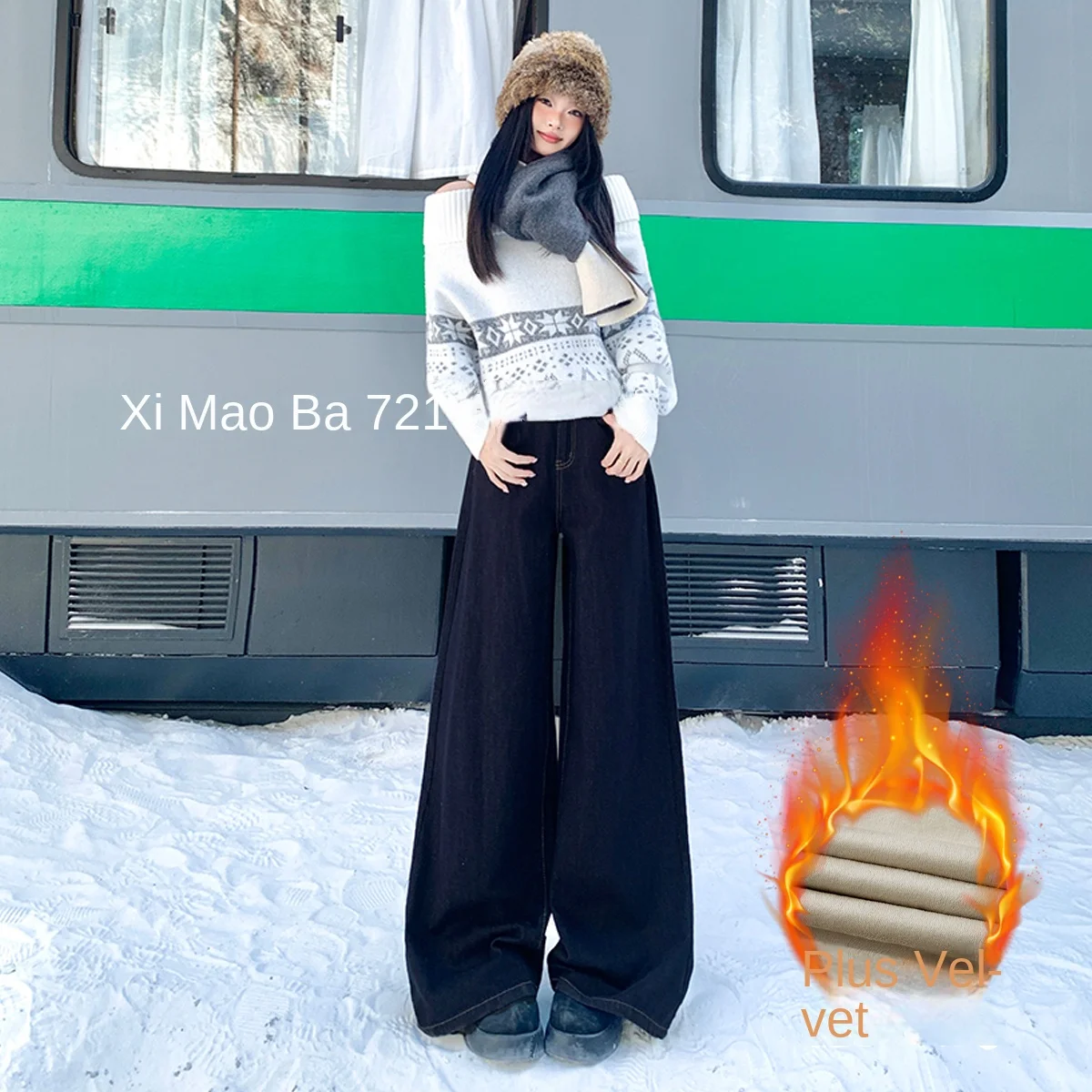 Damskie spodnie Y2K z wysokim stanem, szerokimi nogawkami, ocieplane polarem, wygodne, codzienne spodnie typu drag dla jesienno-zimowej odzieży ulicznej.