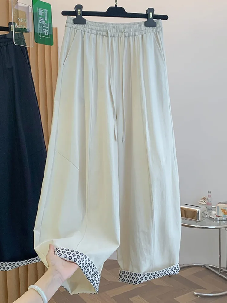 Summer New Pure Cotton Wide Leg Pants Women's Drawstring Tied Casual Pants Draping Knife Pants Printed Cuffed Loose Fit