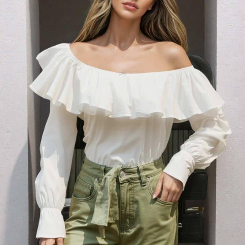 

2025 Spring Vintage Ruffled Off Shoulder White Blouse for Women Fashion Long Sleeve Loose Elegant Shirt Casual Women's Tops 8395