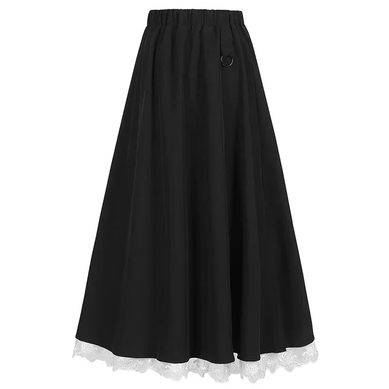 Women  Medieval Elastic Lace High Waist Boho Maxi Skirt Casual Drawstring A Line Vintage Skirt Renaissance Retro Skirt