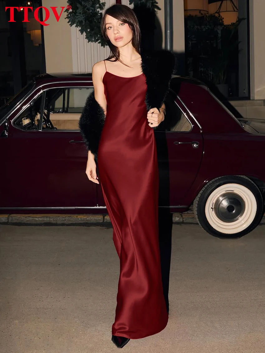 

TTQV Summer Loose Red Satin Women's Dress 2026 Sexy Strap Sleeveless Maxi Dresses Elegant Classic Solid Female Dress Streetwear