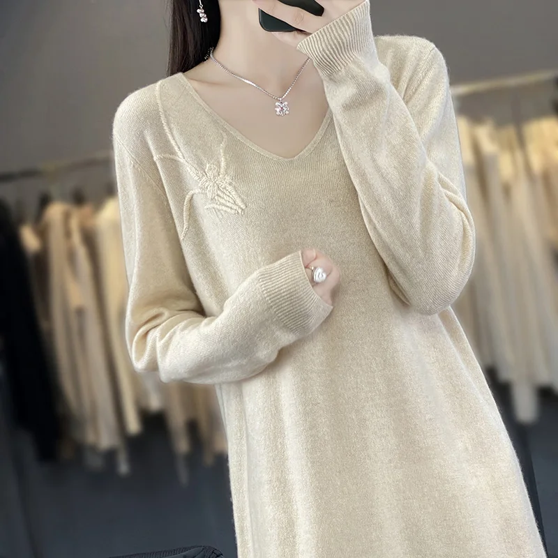 Imagem -06 - Mulheres Long V-neck Knit Jumpers Vestidos de Cashmere Lady Pullovers Nj01 Hot Sales Inverno 2023