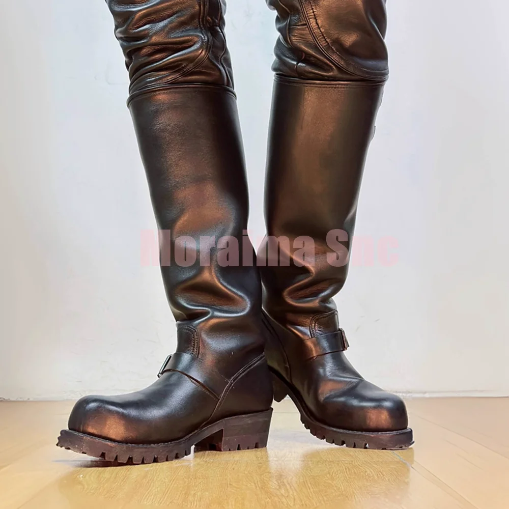 أسود حزام طويل مشبك طويل الرجال الأحذية كتلة صندل بكعب مكتنز الانزلاق على موضة الرجال دراجة نارية الأحذية الخريف الشتاء نمط الشارع 2026 #3