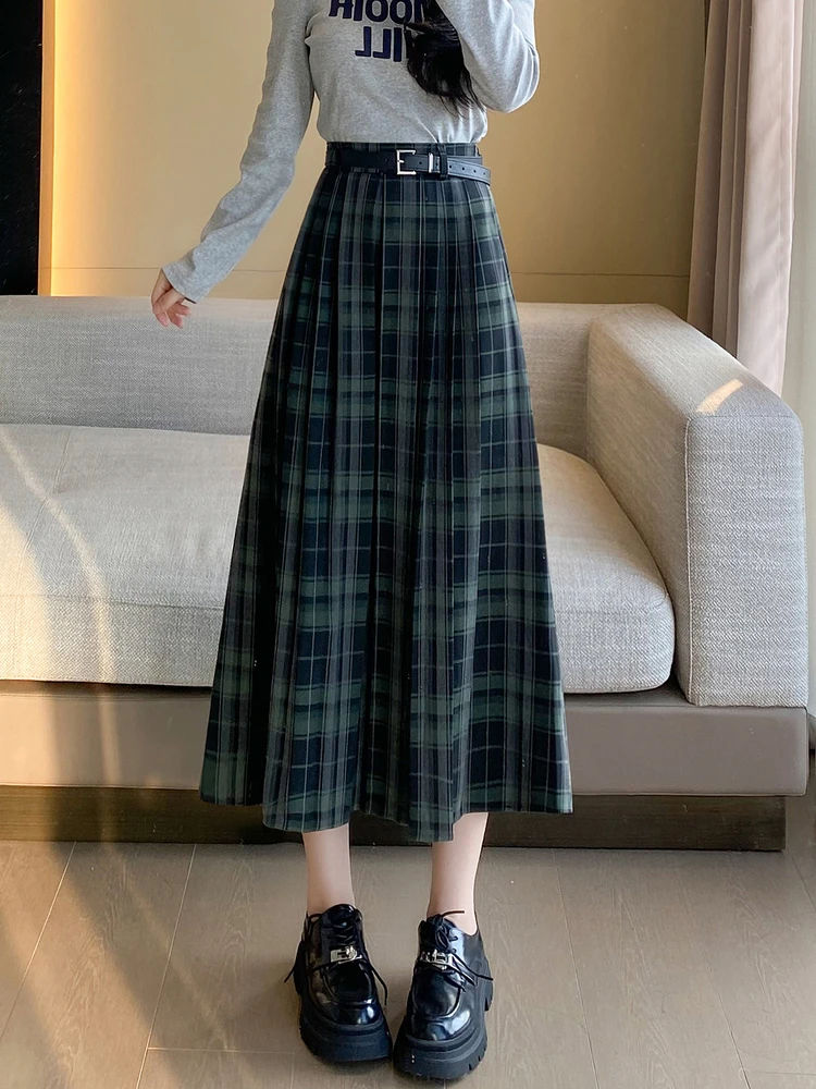 

Женская зимняя утепленная плиссированная юбка А-силуэта с высокой талией в клетку из шерсти, стройнящая, в студенческом стиле, элегантная, расклешенная